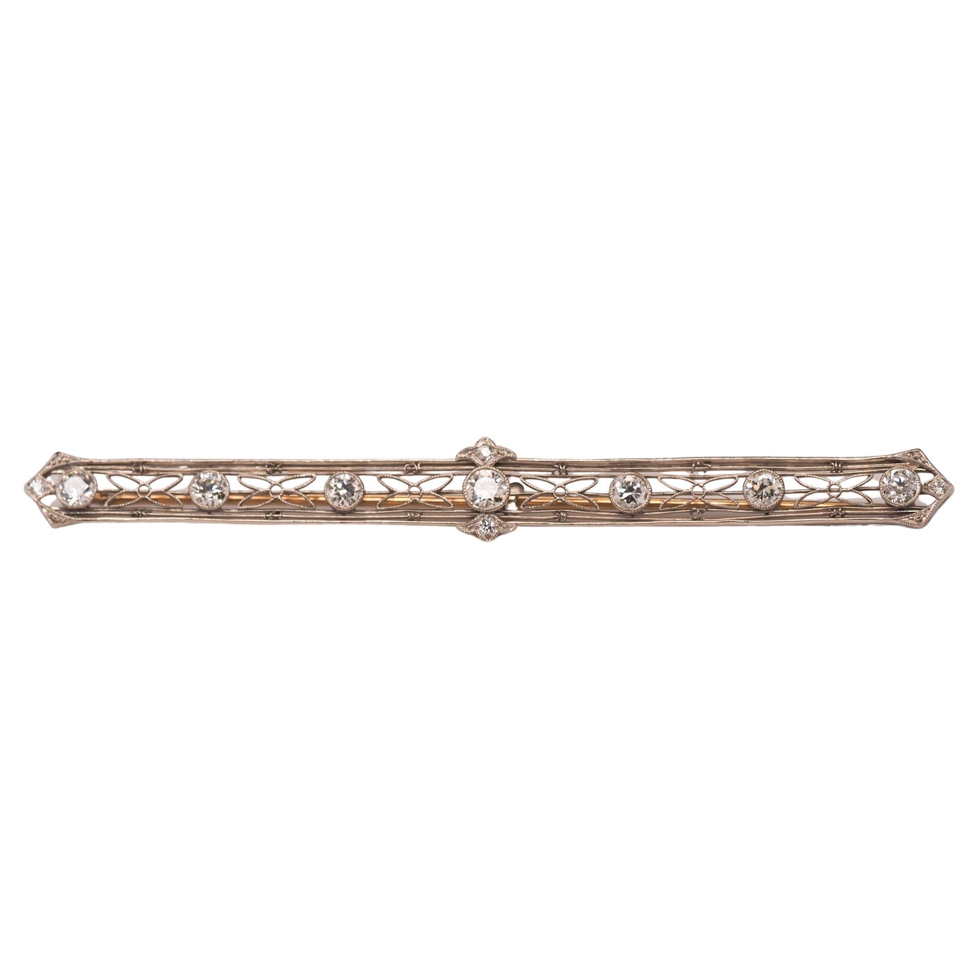 Platinum and 14 Karat Gold Long Bar Pin with Old European Cut Diamonds VHK#556 For Sale