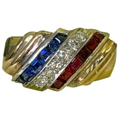 Platinum & 14 Karat Gold Red White & Blue Diamond, Ruby & Sapphire Ring Sz 7 1/2