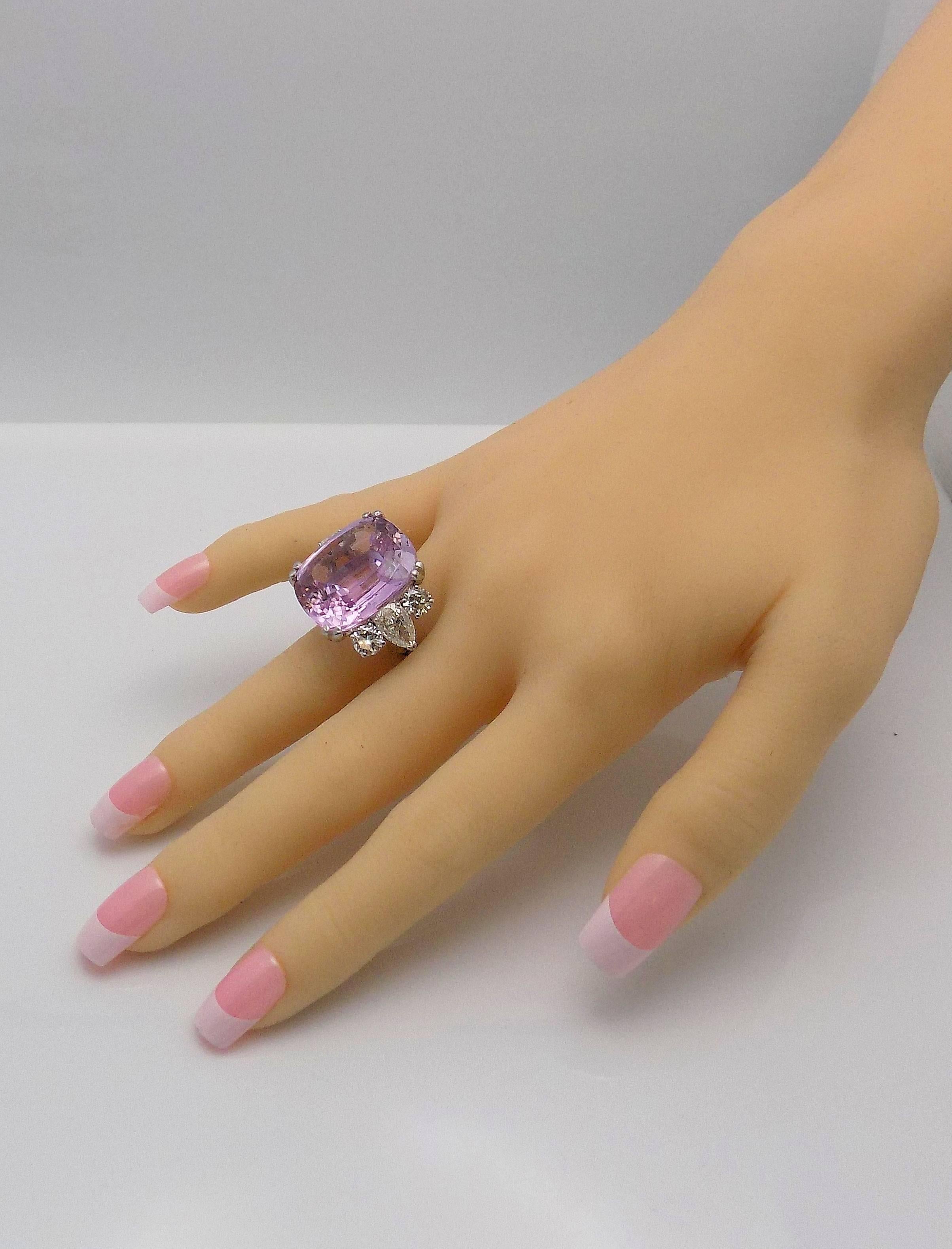 Cushion Cut Platinum and 14 Karat White Gold Kunzite and Diamond Ring