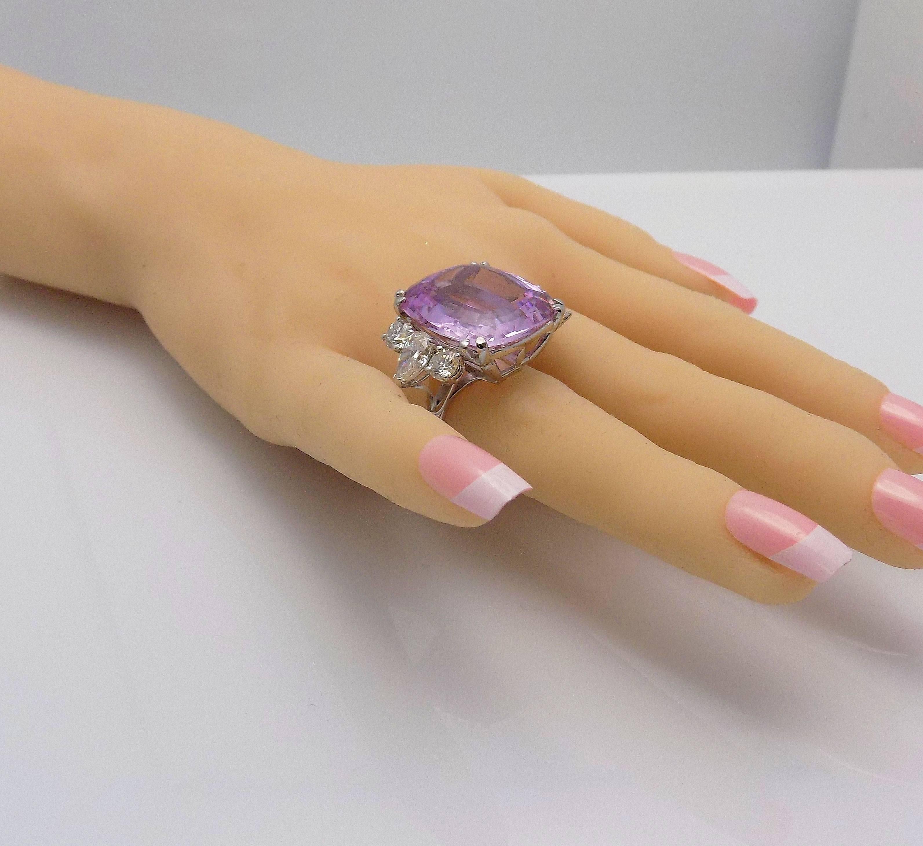 Platinum and 14 Karat White Gold Kunzite and Diamond Ring In New Condition In Dallas, TX