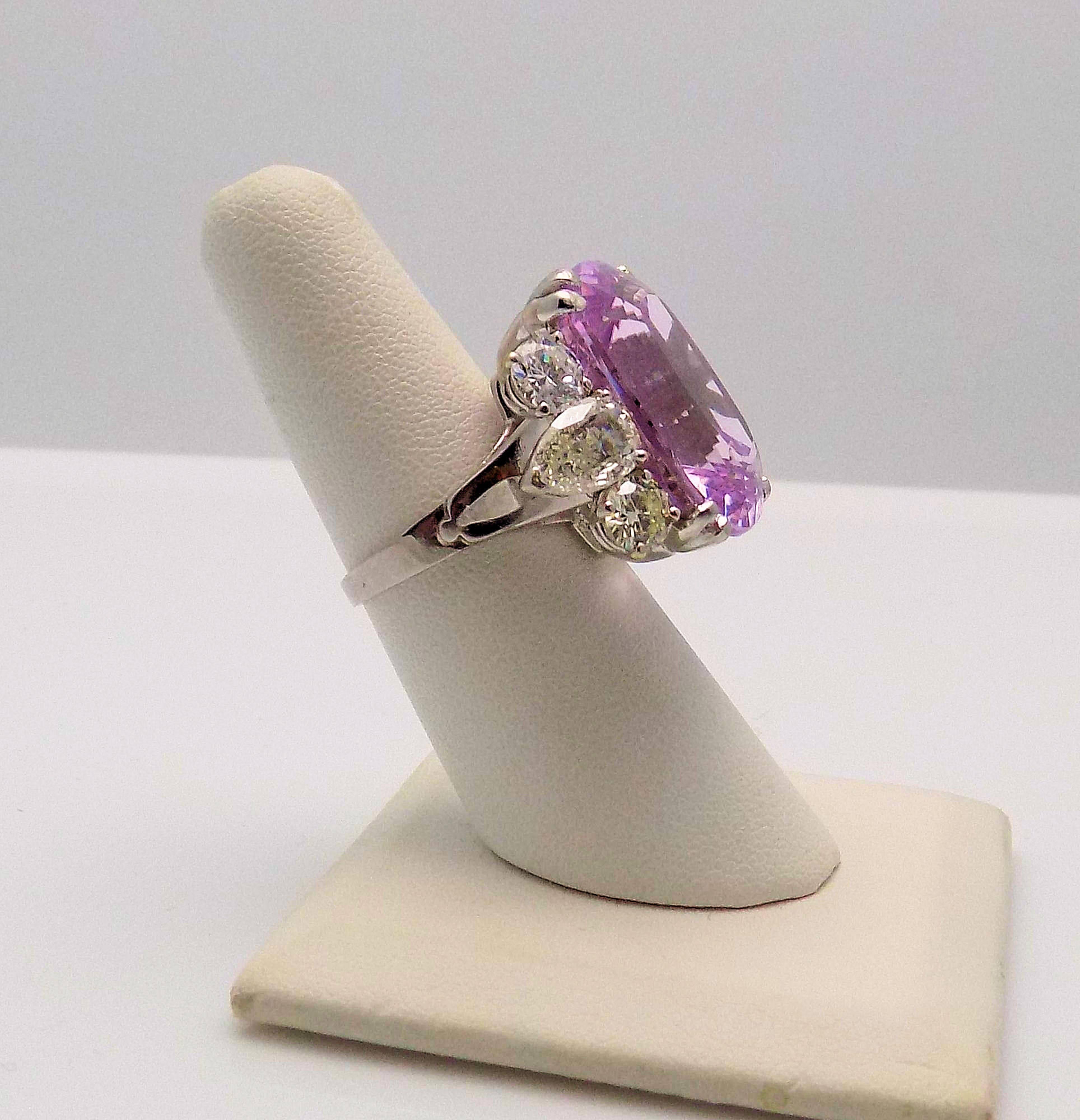 Platinum and 14 Karat White Gold Kunzite and Diamond Ring 3