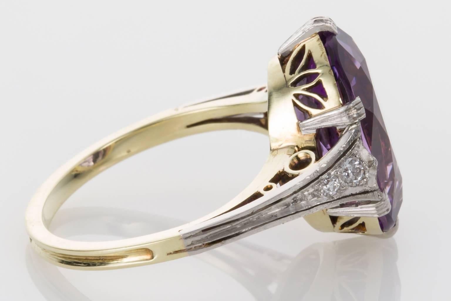 Oval Cut Platinum and 14 Karat Yellow Gold Amethyst and Diamond Dress Ring