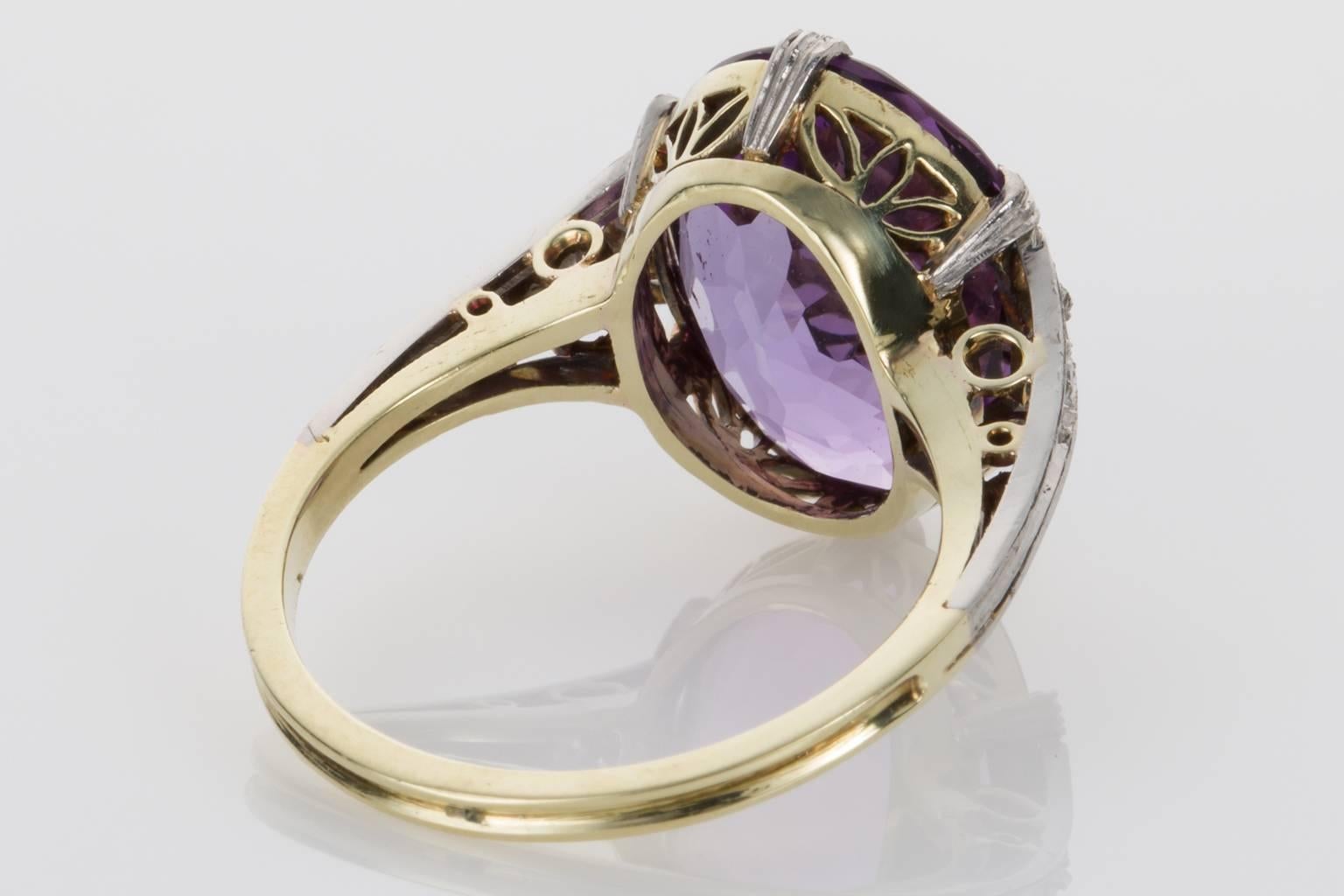 Platinum and 14 Karat Yellow Gold Amethyst and Diamond Dress Ring In Excellent Condition In QLD , AU