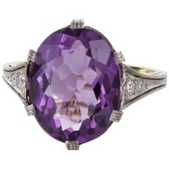 Platinum and 14 Karat Yellow Gold Amethyst and Diamond Dress Ring