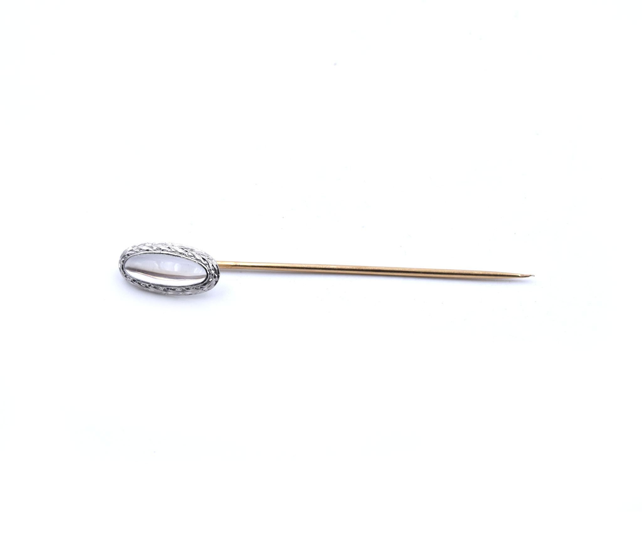 Oval Cut Platinum and 14 Karat Yellow Gold Moonstone Stick Pin For Sale