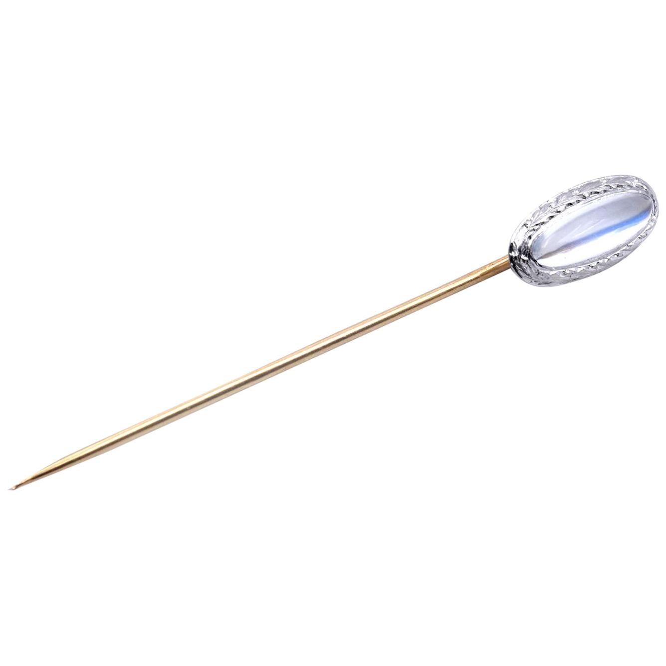 Platinum and 14 Karat Yellow Gold Moonstone Stick Pin For Sale