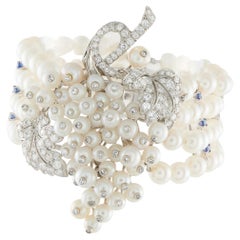 Platinum and 14K White Gold 3.20ct Diamond, Sapphire, and Pearl Bracelet