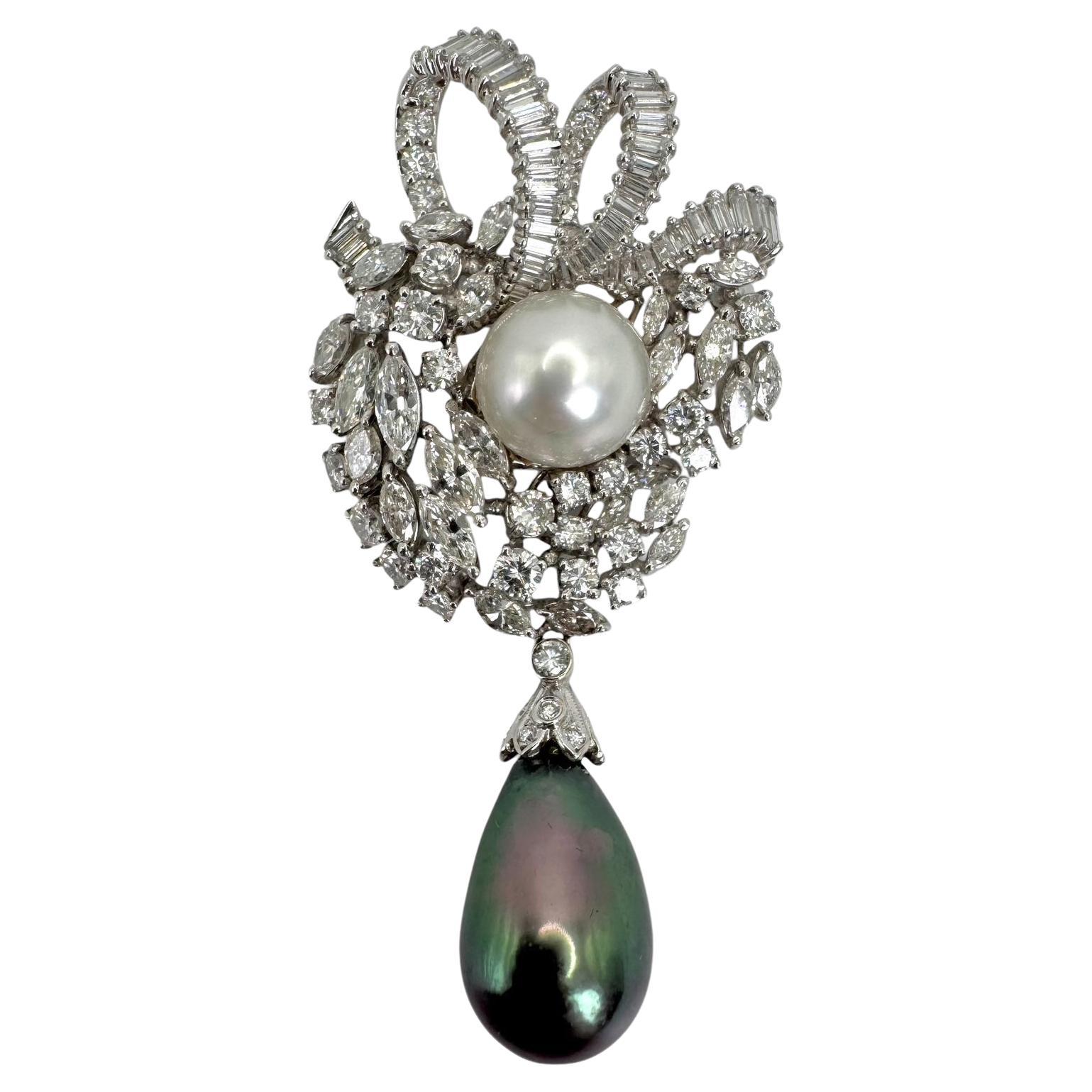 Platinum and 14K White Gold Pearl and Diamond Brooch