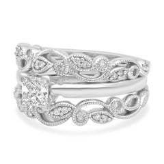 Platinum and 14k White Gold Princess Cut and Round Diamond Scroll Wedding Set