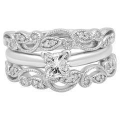 Platinum and 14k White Gold Princess Cut and Round Diamond Scroll Wedding Set