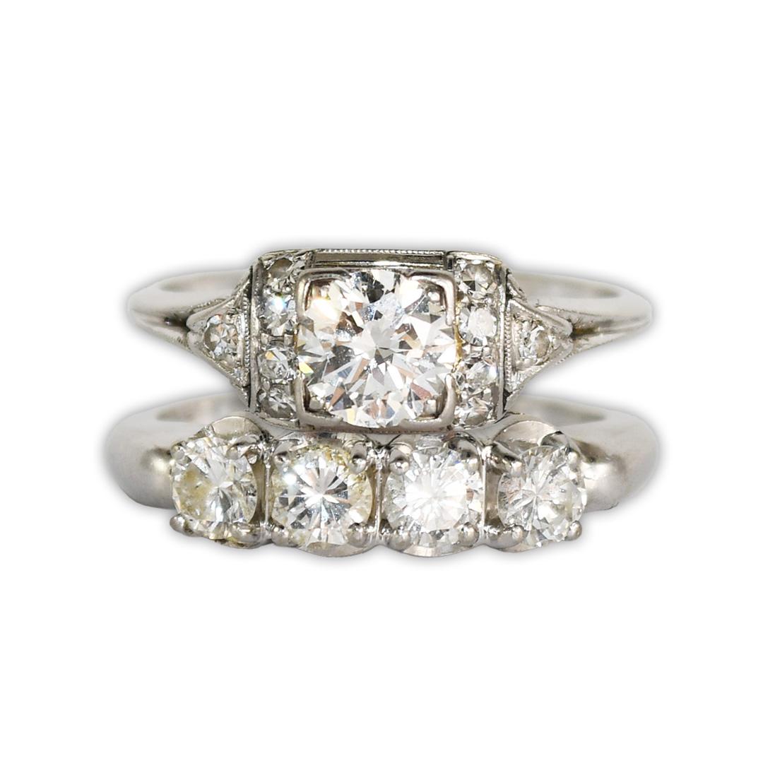 Platinum and 14K White Gold Vintage Diamond Wedding Ring Set 1.45ct For Sale