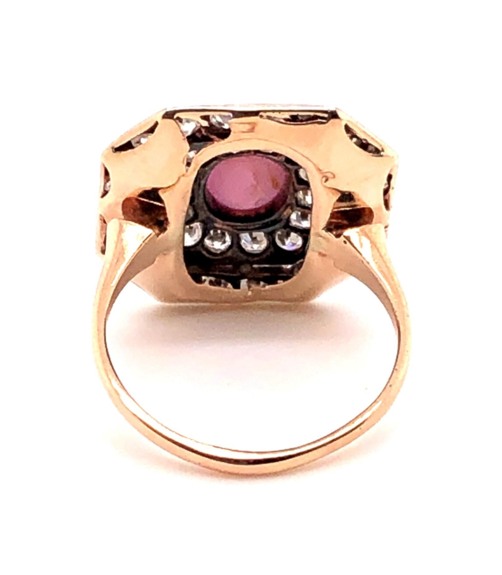 Platinum and 14kt Gold Edwardian Star Ruby and Old European Cut Diamond Ring In Good Condition In Towson, MD