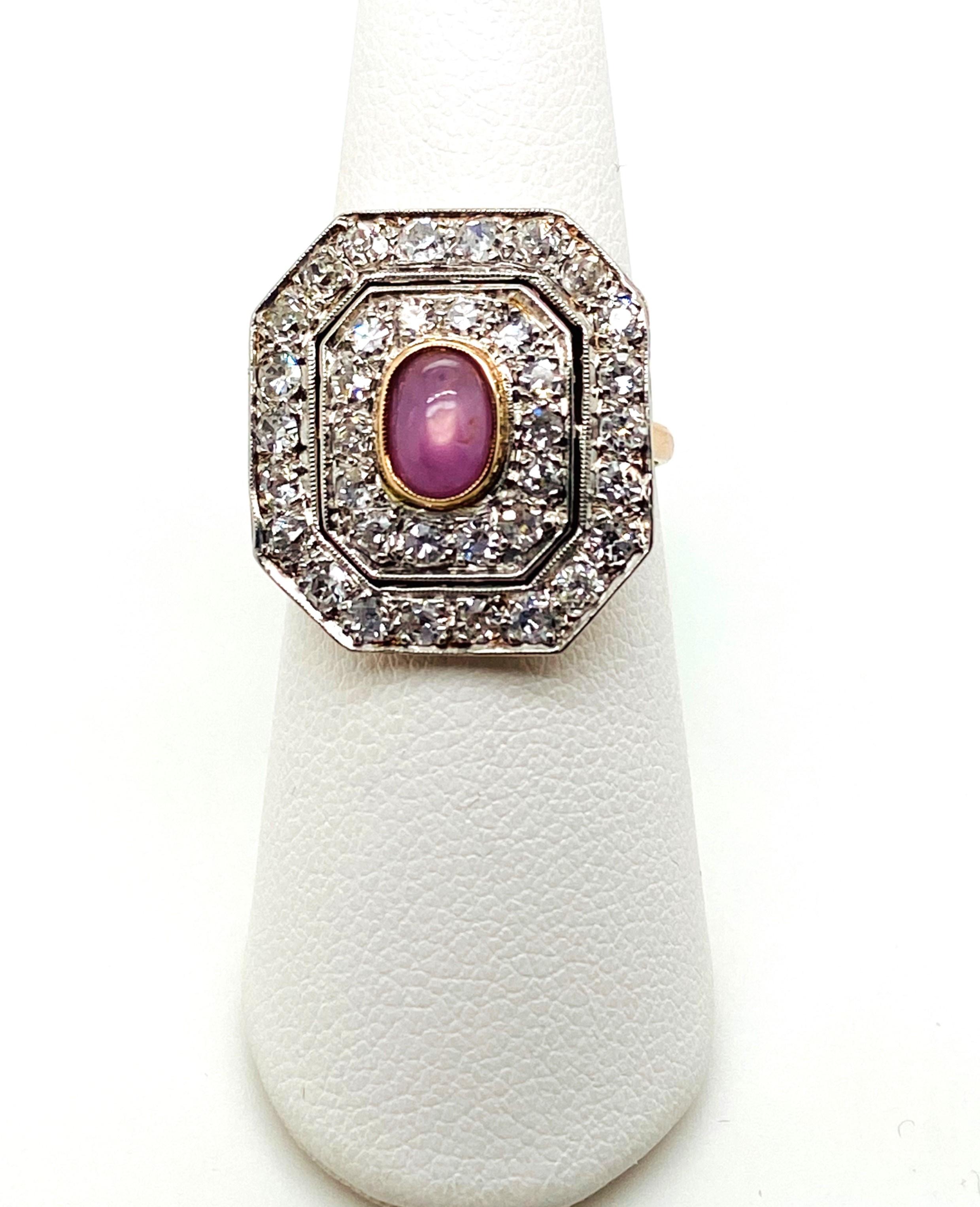 Platinum and 14kt Gold Edwardian Star Ruby and Old European Cut Diamond Ring 3