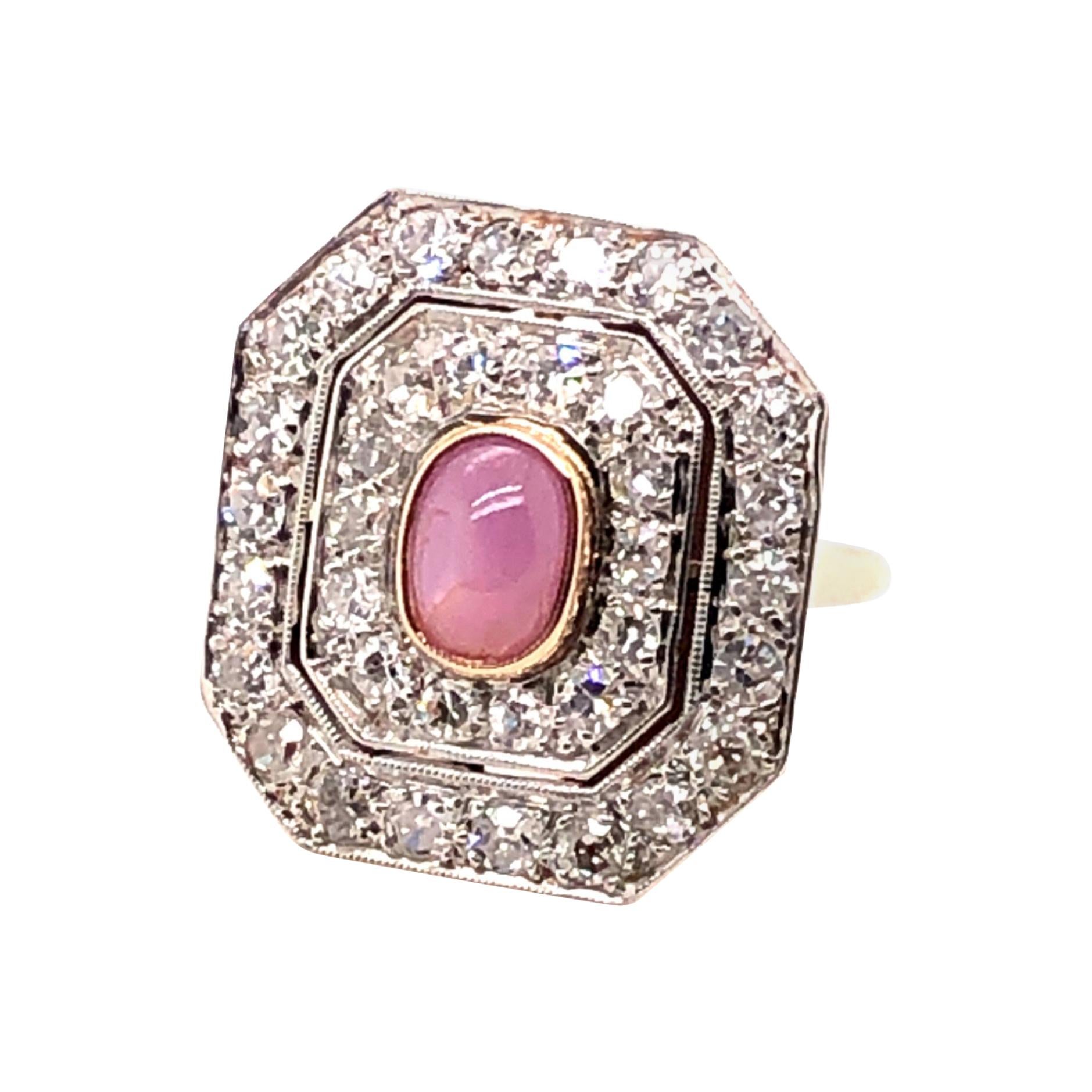 Platinum and 14kt Gold Edwardian Star Ruby and Old European Cut Diamond Ring