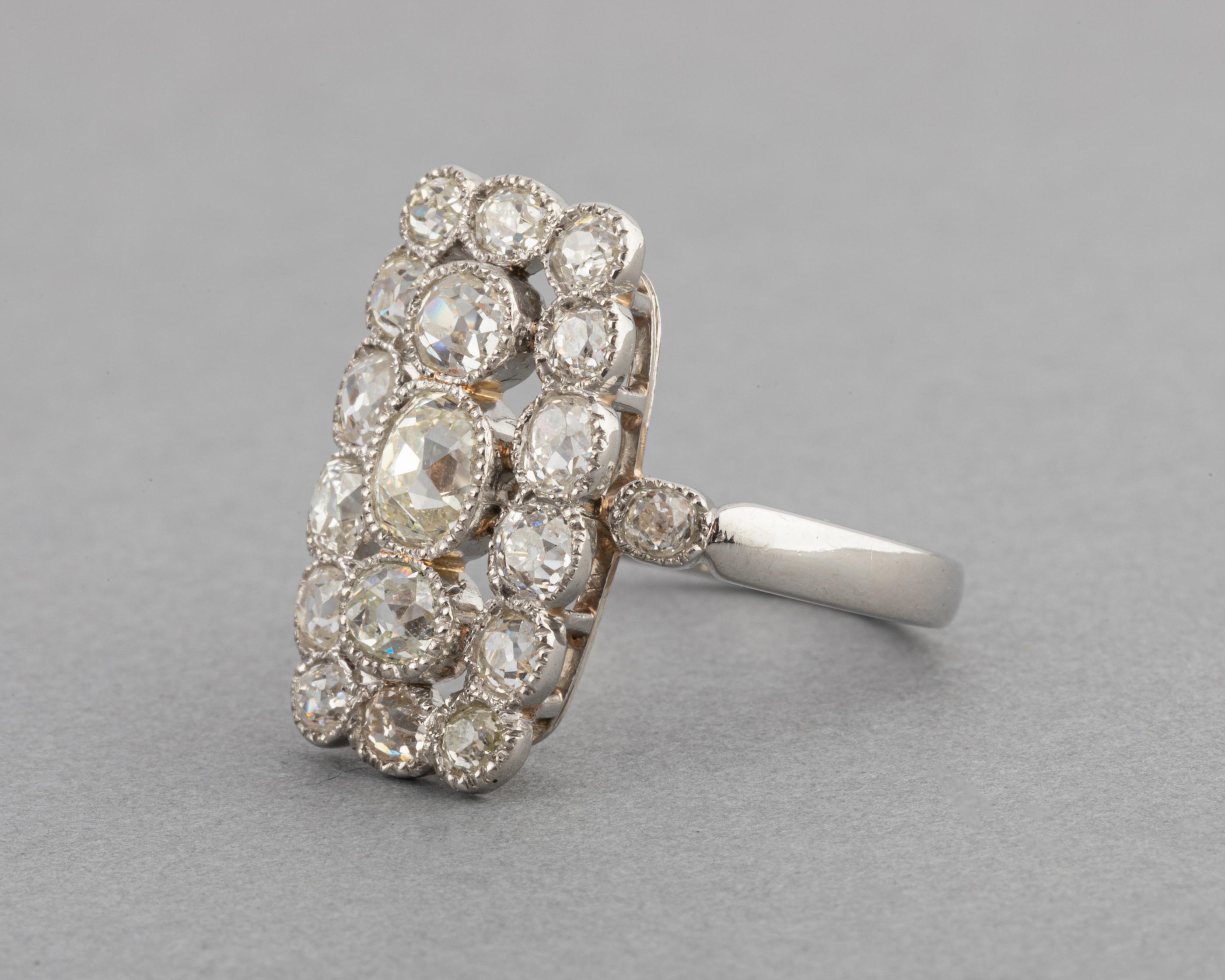 Old European Cut Platinum and 1.50 Carat Diamonds French 1920s Ring For Sale