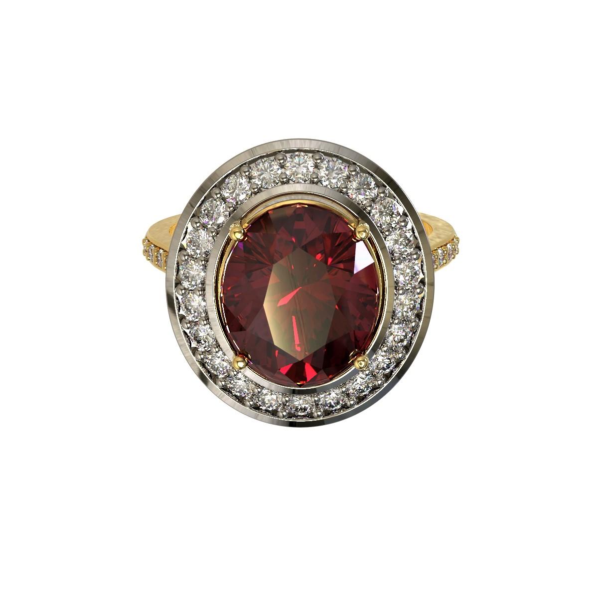 Rosa & Nero Ring

The exquisite  18 carat platinum and 18 carat yellow gold ring features a stunning rhodolite garnet and round brilliant cut diamonds. The band and the Rhodolite setting made in 18 carat yellow gold and the halo made in platinum.