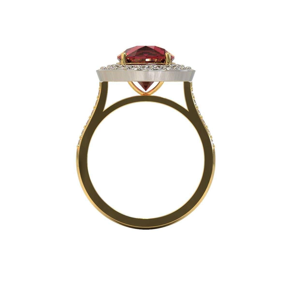 Oval Cut Platinum and 18 Carat Gold 4.32 Carat Rhodolite and Diamonds Cocktail Ring For Sale