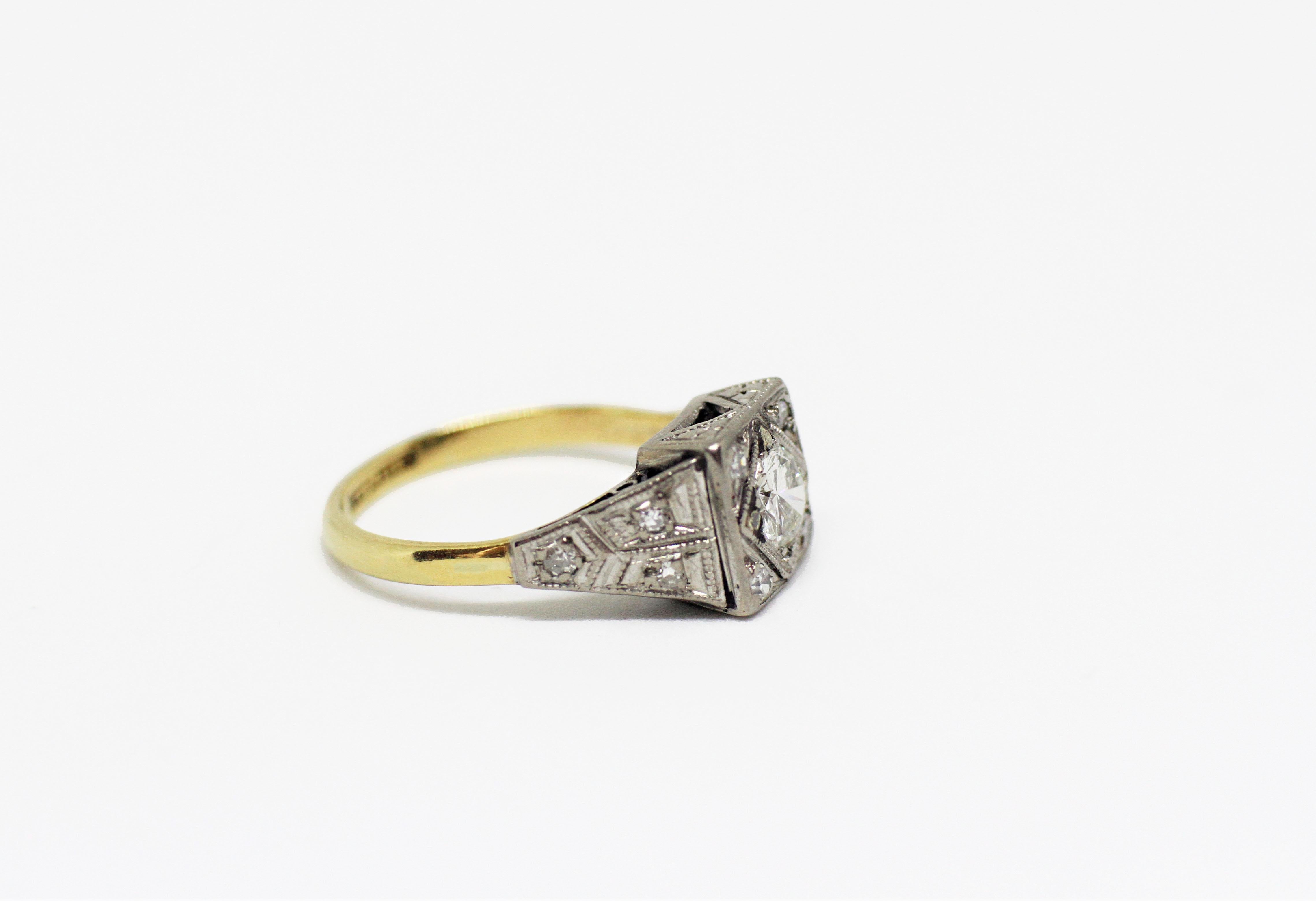 Round Cut Platinum and 18 Carat Gold Art Deco Diamond Engagement Ring