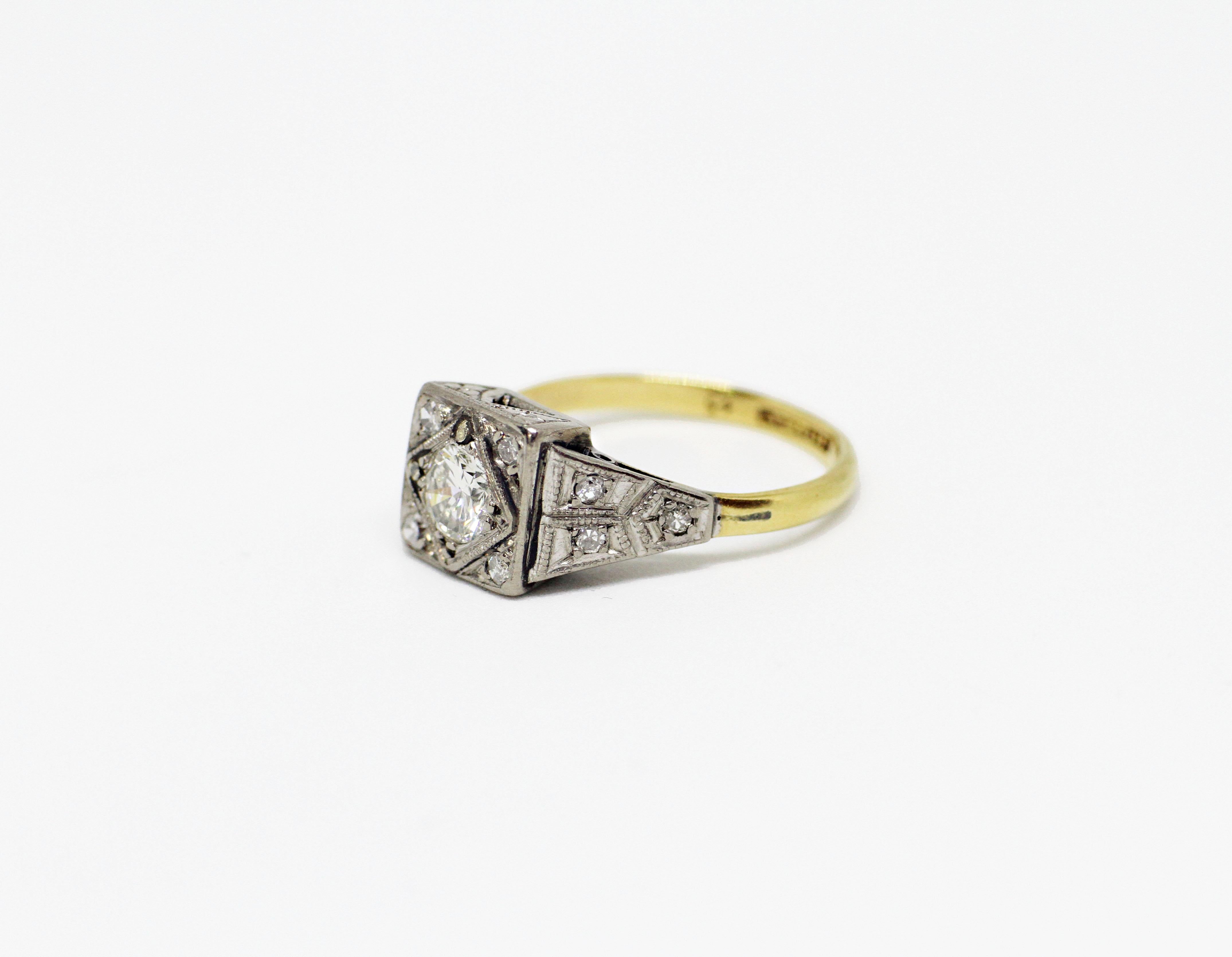 Women's Platinum and 18 Carat Gold Art Deco Diamond Engagement Ring