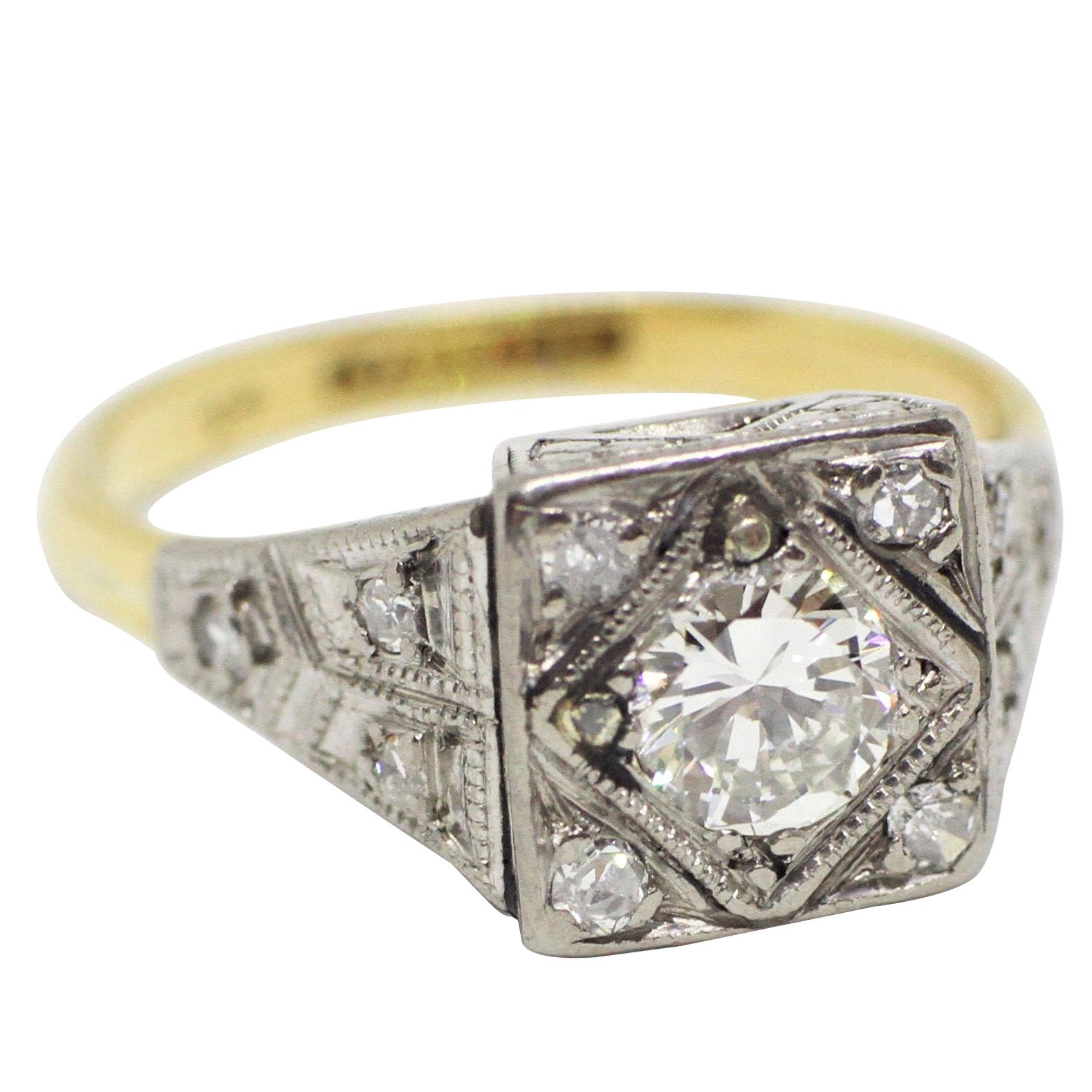 Platinum and 18 Carat Gold Art Deco Diamond Engagement Ring