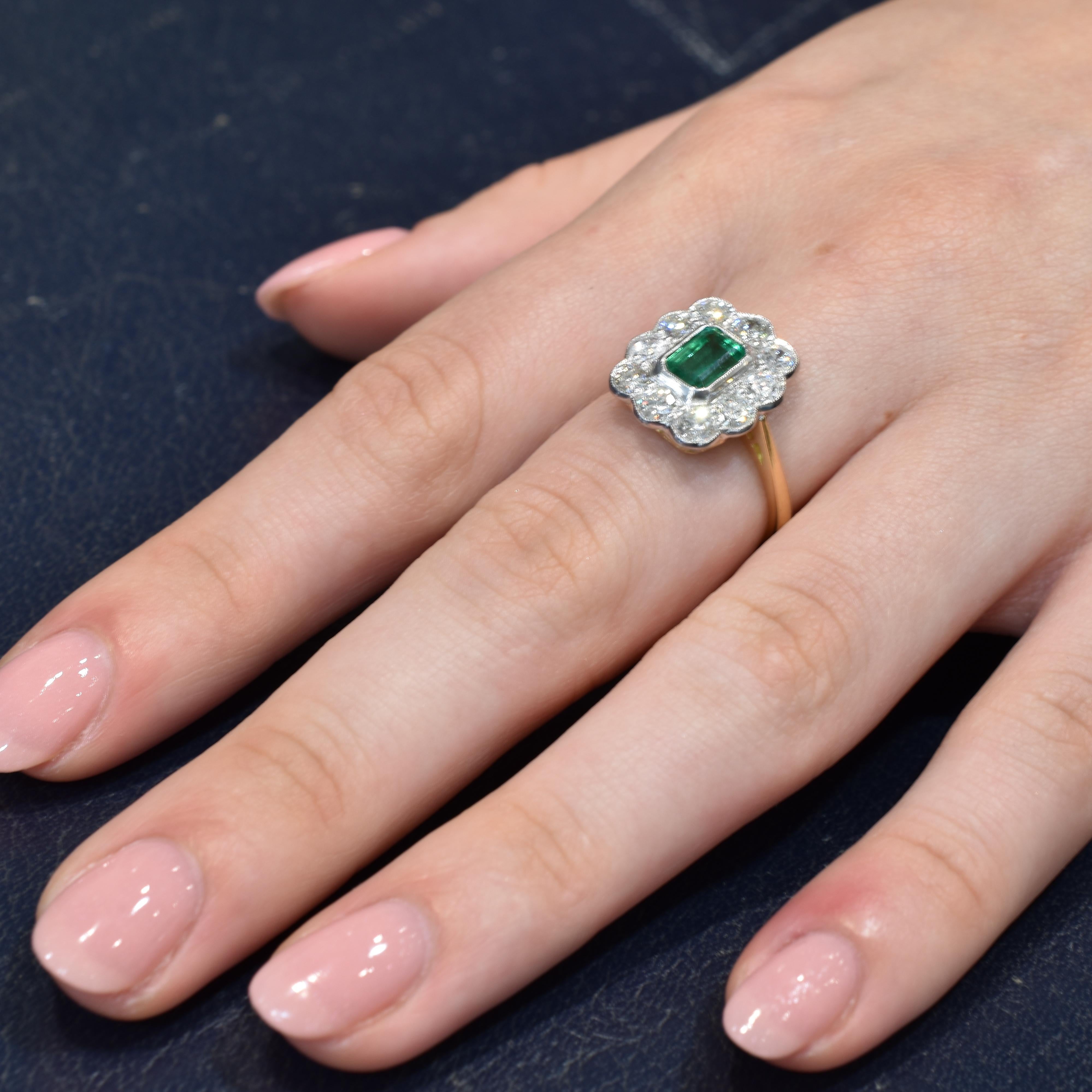 Emerald Cut Platinum and 18 Carat Gold Emerald and Old Cut Diamond Scalloped Cluster Ring