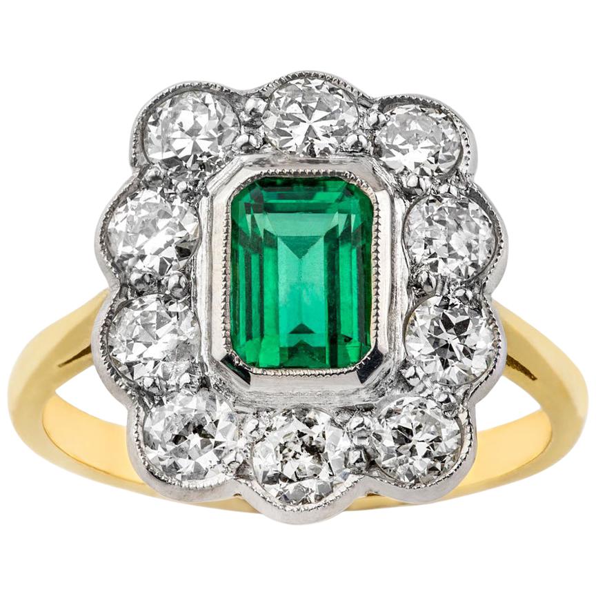 Platinum and 18 Carat Gold Emerald and Old Cut Diamond Scalloped Cluster Ring