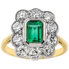 Platinum and 18 Carat Gold Emerald and Old Cut Diamond Scalloped Cluster Ring