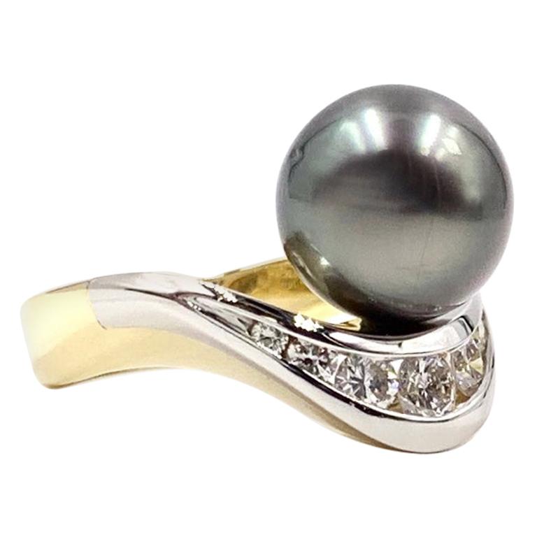 Platinum and 18 Karat Diamond and Tahitian Pearl Ring For Sale