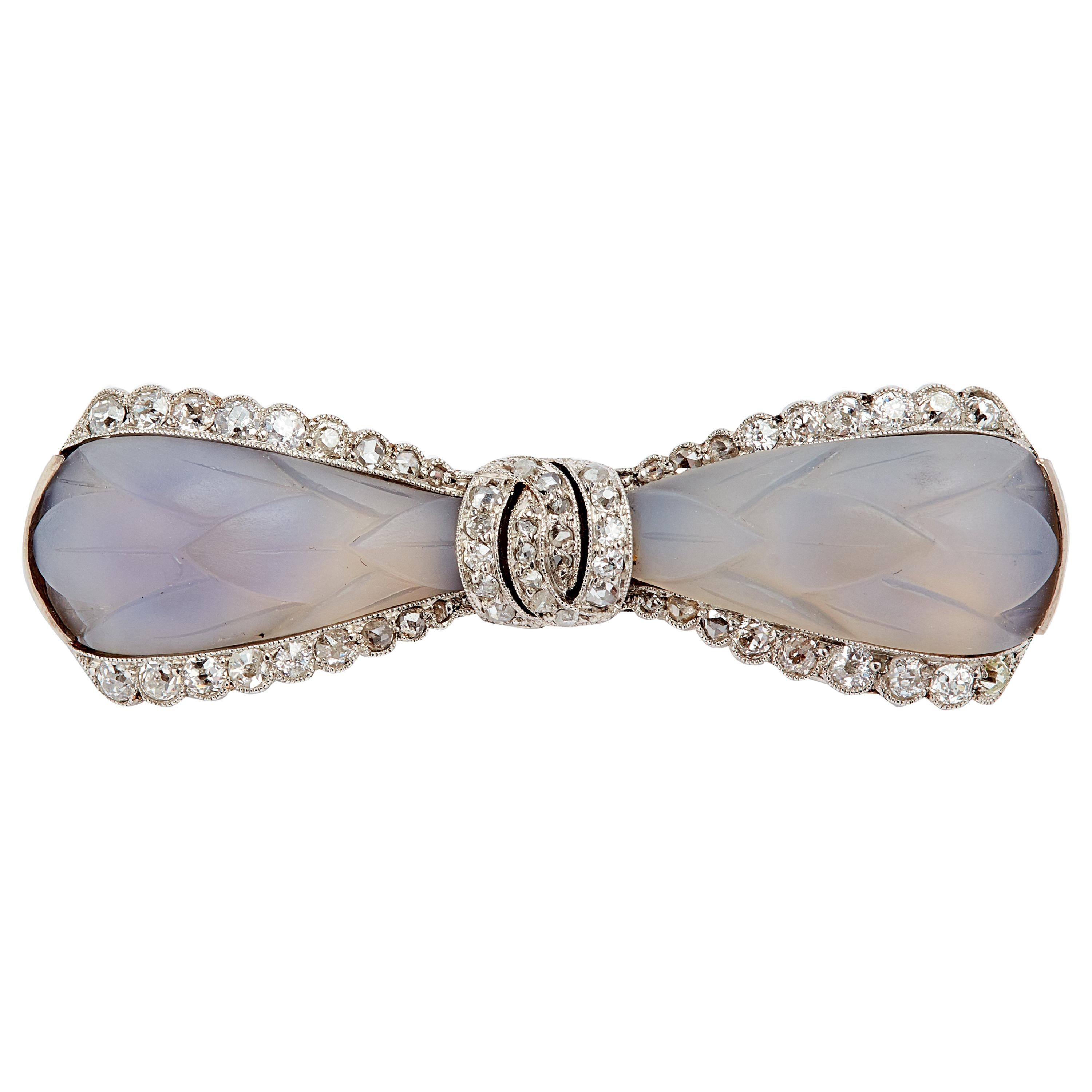 Platinum and 18 Karat Gold Carved Crystal and Diamond Antique Bow Brooch