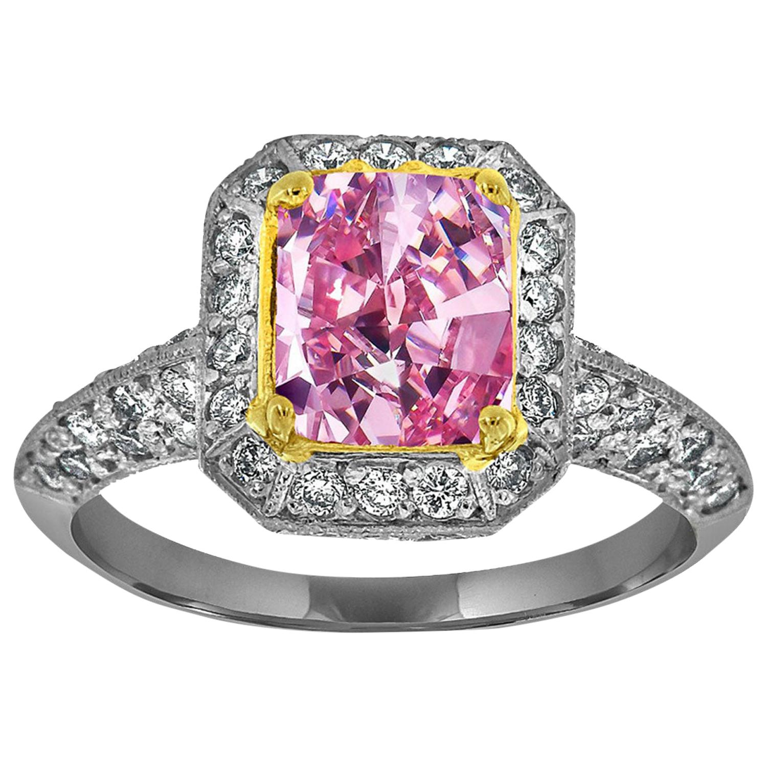 Platinum and 18 Karat Gold Cushion Pink Sapphire Ring GIA 'Center 1.83 carat'