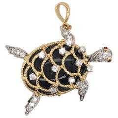 Vintage Platinum and 18 Karat Onyx Sea Turtle Pendant with 1 Carat of Diamonds