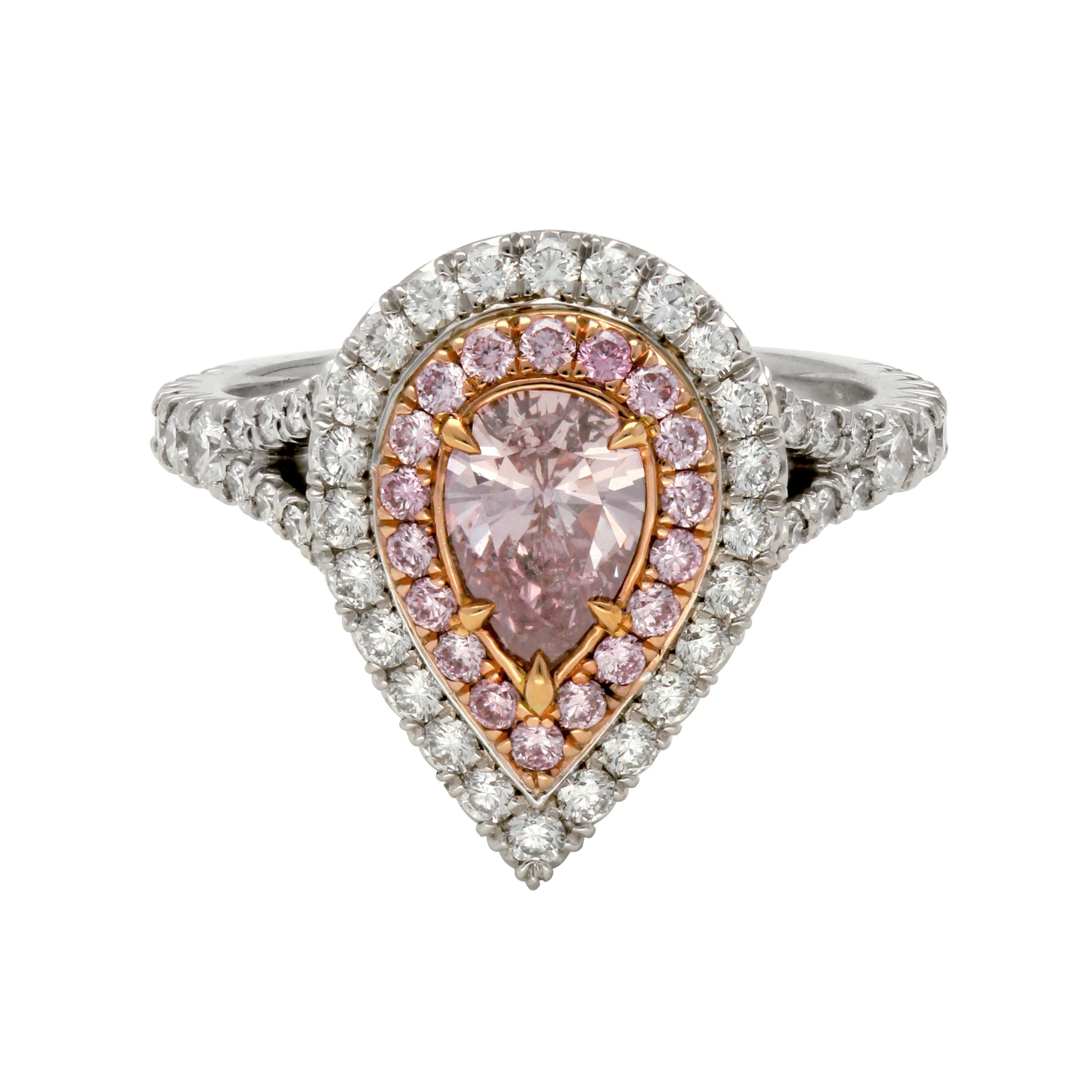 Platinum and 18 Karat Rose Gold Double Halo Diamond and Fancy Pink Diamond Ring For Sale