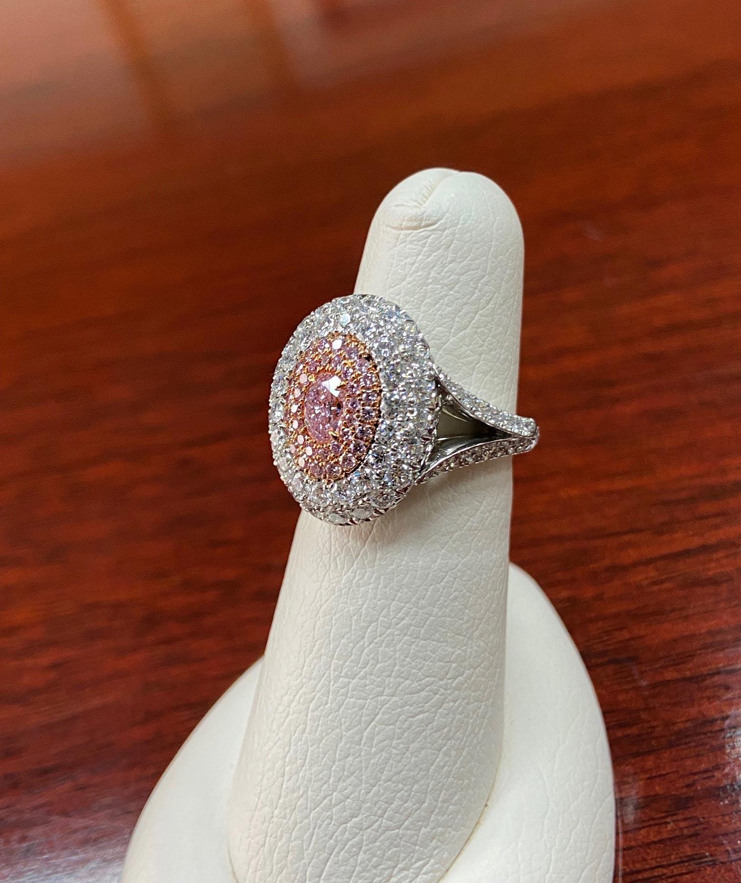 Contemporary Platinum and 18 Karat Rose Gold Purplish Pink Diamond and Pave Diamond Dome Ring For Sale