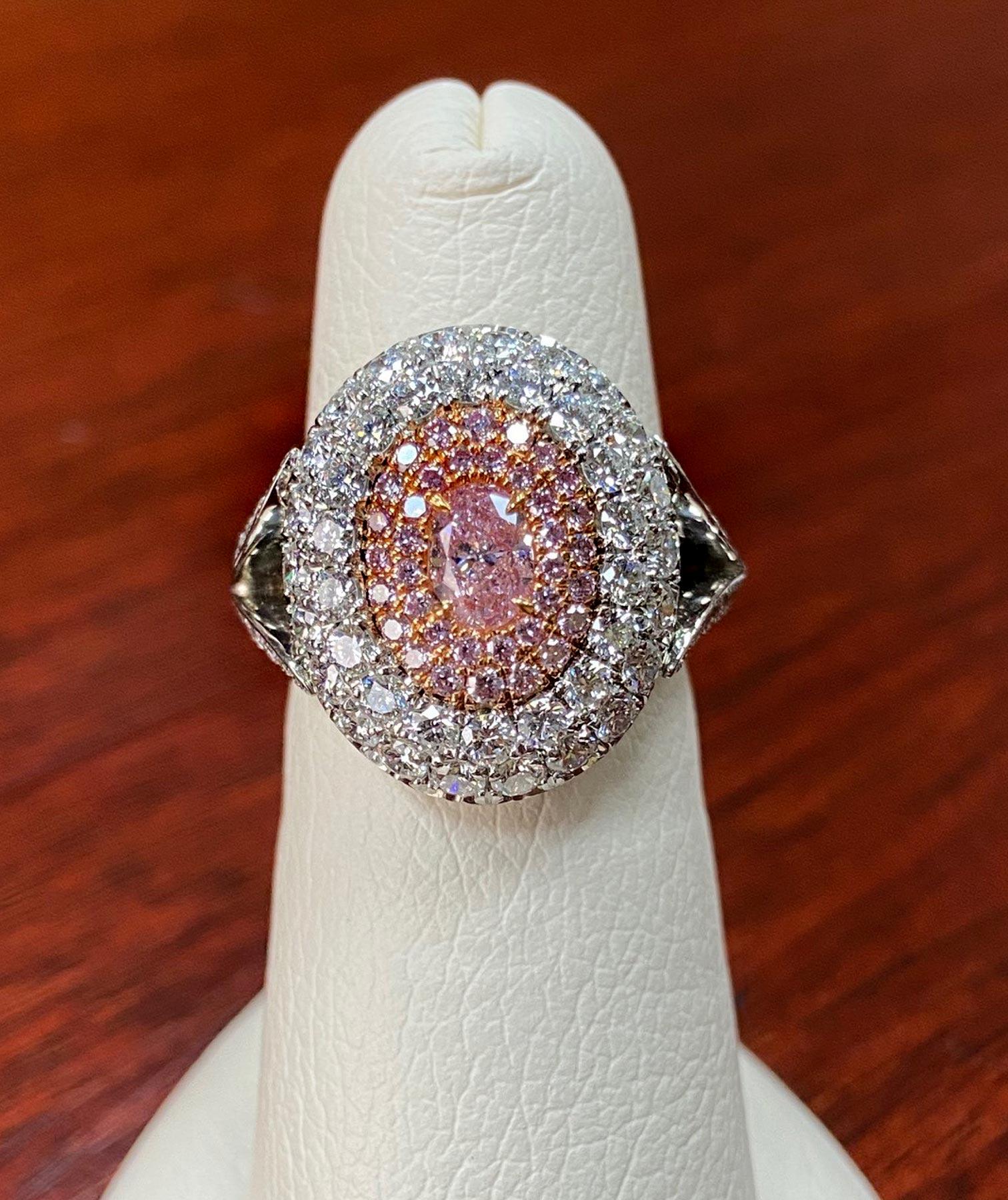 Brilliant Cut Platinum and 18 Karat Rose Gold Purplish Pink Diamond and Pave Diamond Dome Ring For Sale