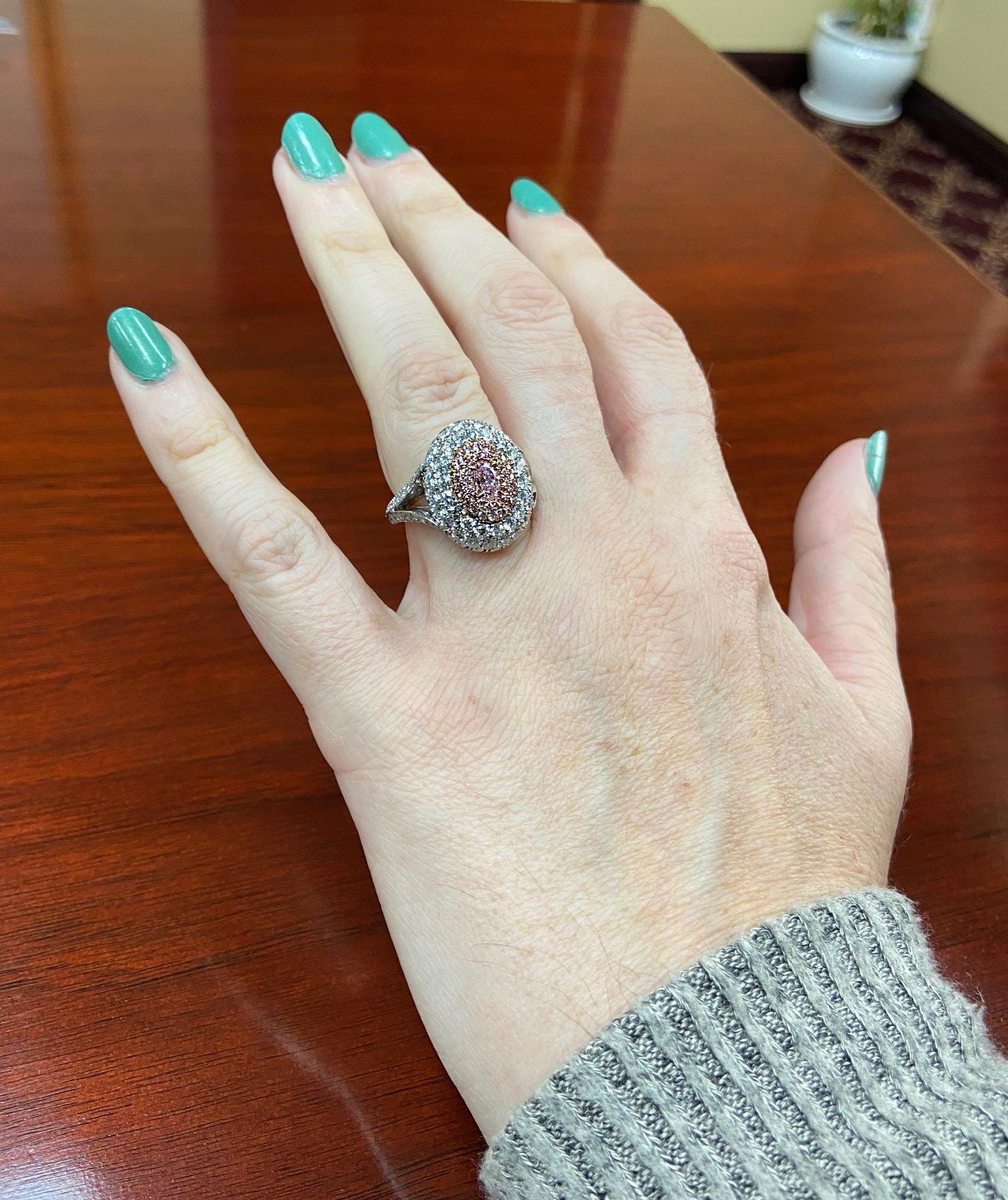 Platinum and 18 Karat Rose Gold Purplish Pink Diamond and Pave Diamond Dome Ring In Excellent Condition For Sale In DAYTON, OH