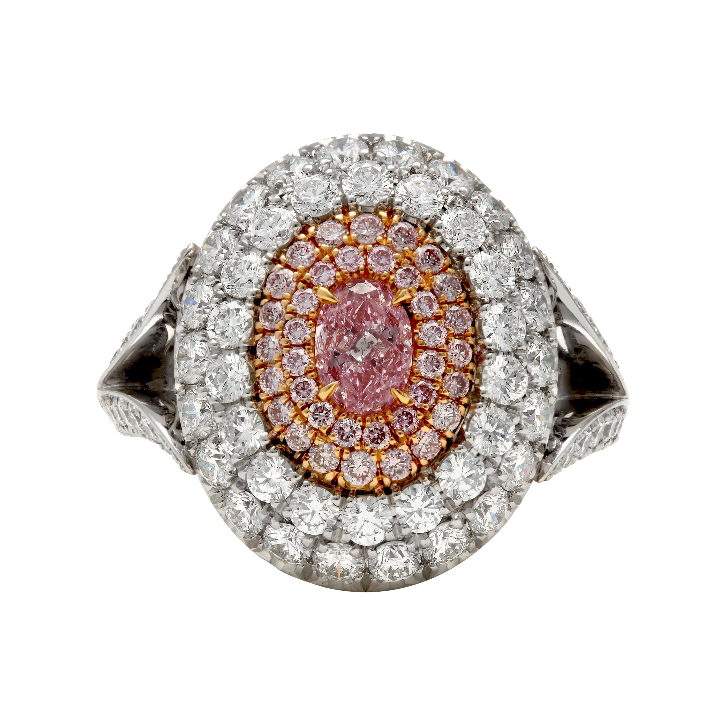 Platinum and 18 Karat Rose Gold Purplish Pink Diamond and Pave Diamond Dome Ring For Sale