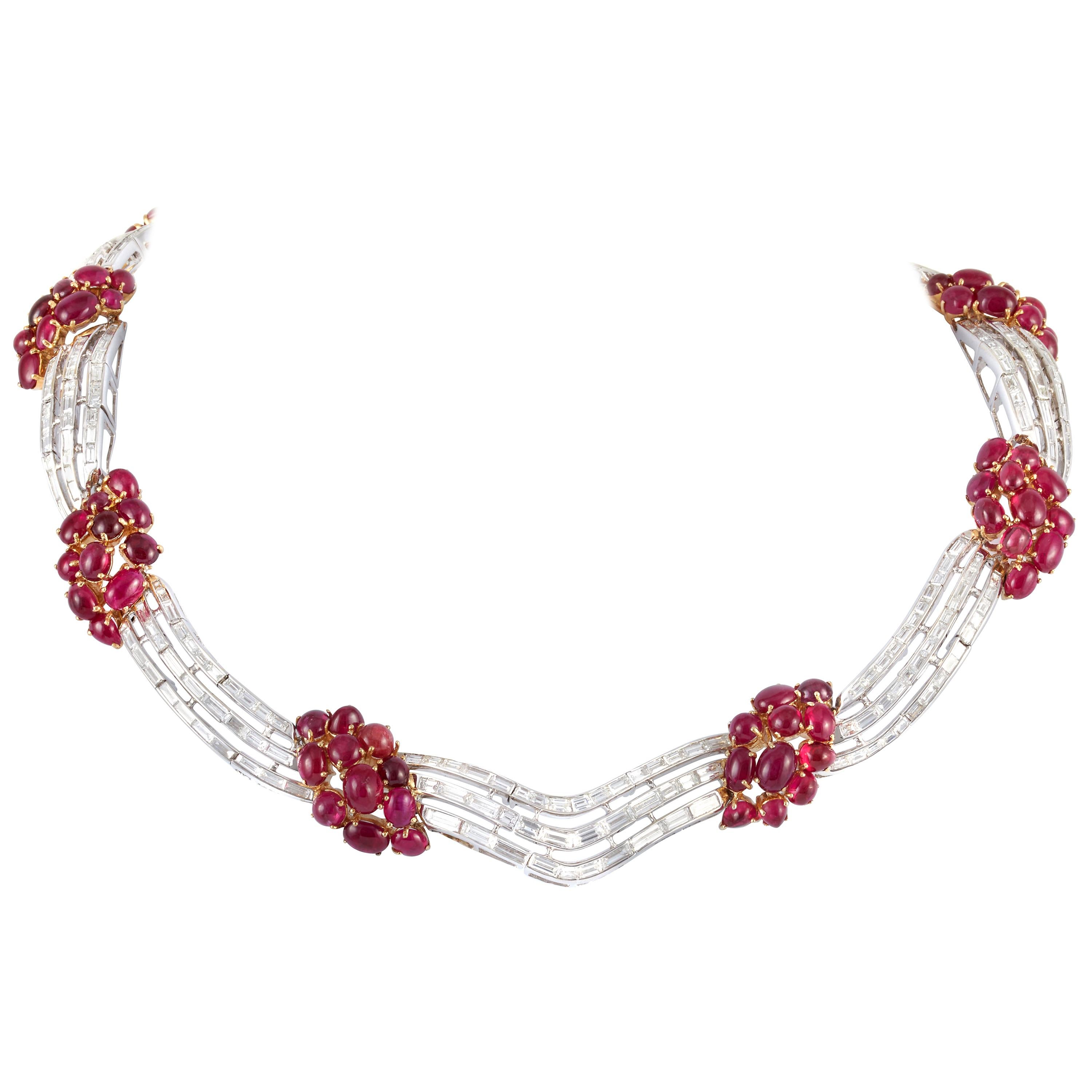 Platinum and 18 Karat Yellow Gold Cabochon Ruby and Diamond Necklace