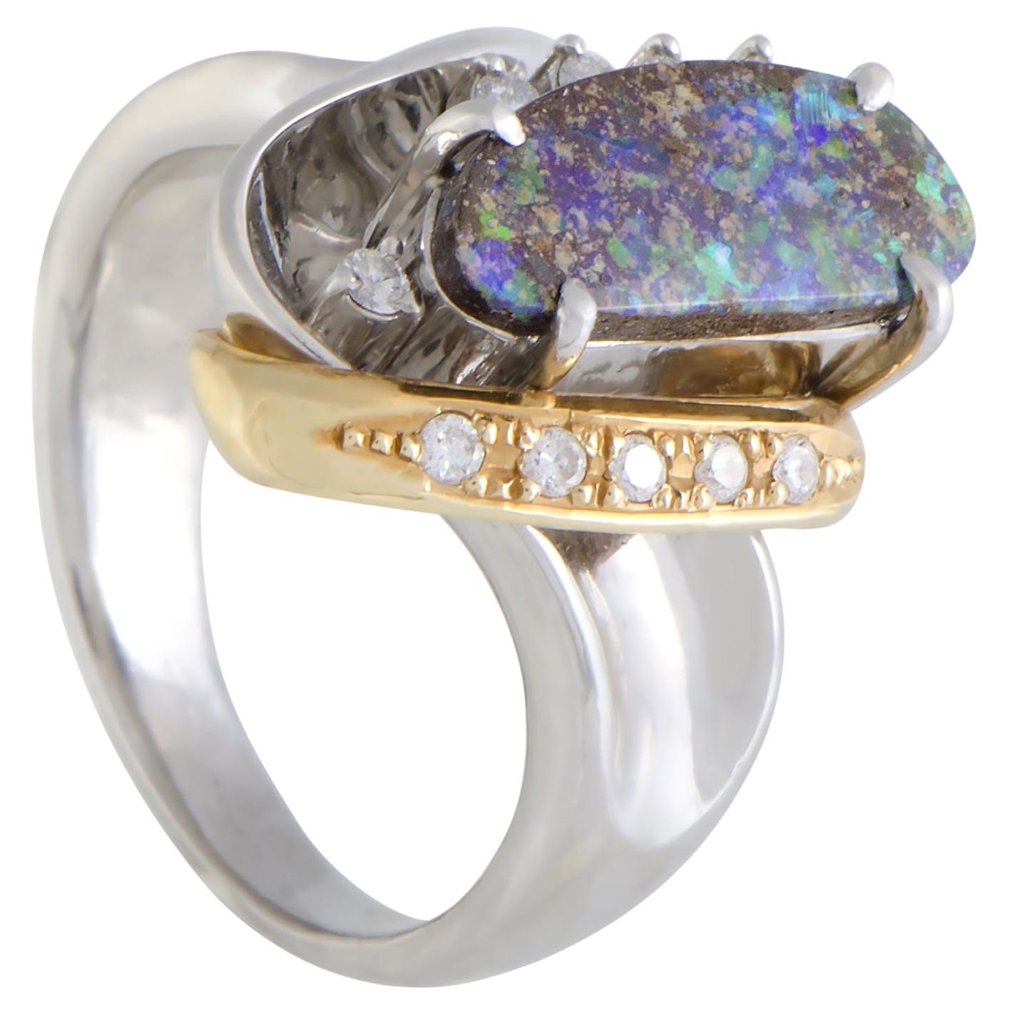 Platinum and 18 Karat Yellow Gold Diamond and Green Opal Ring
