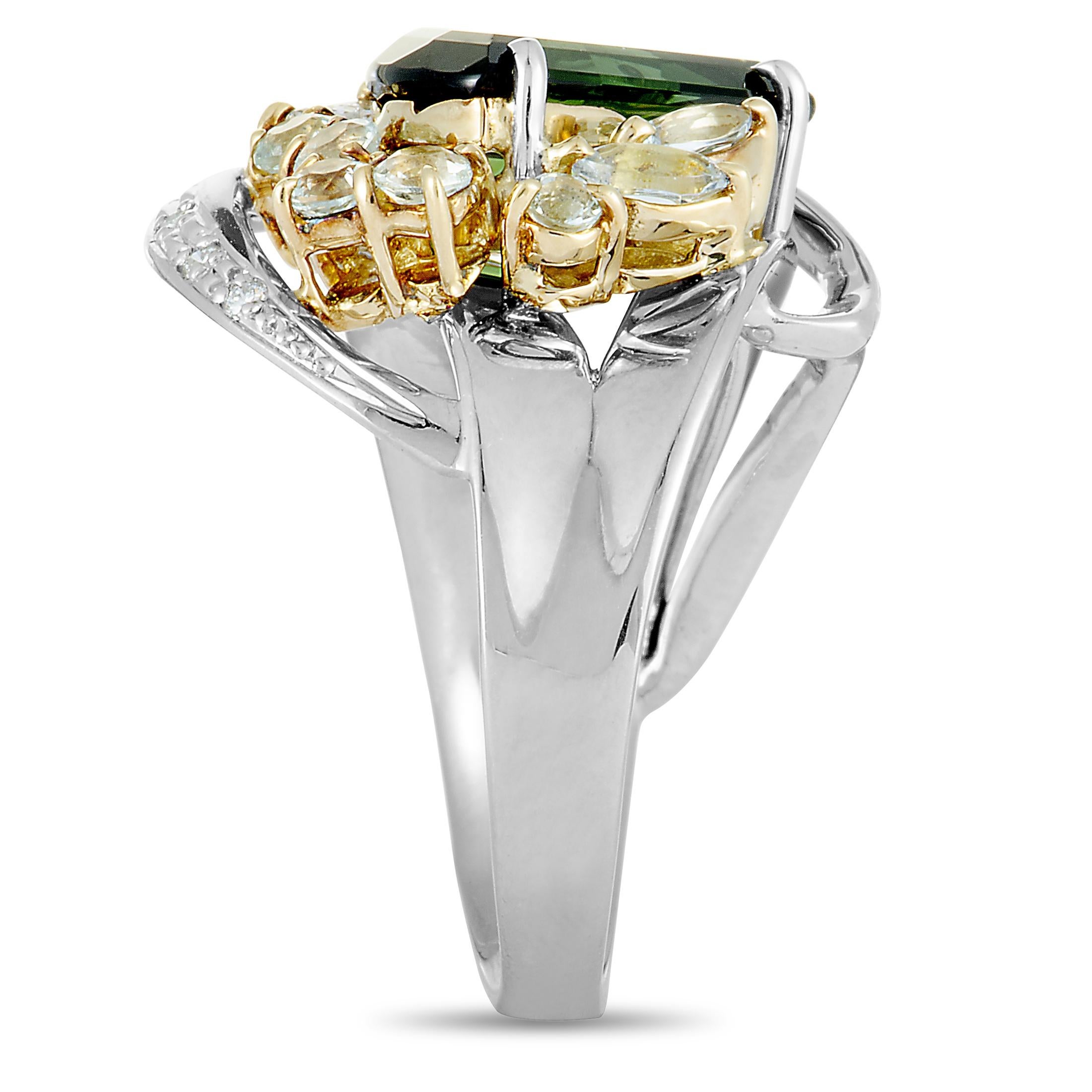 Platinum and 18 Karat Yellow Gold Diamond and Half Moon Green Tourmaline Ring In Excellent Condition In Southampton, PA
