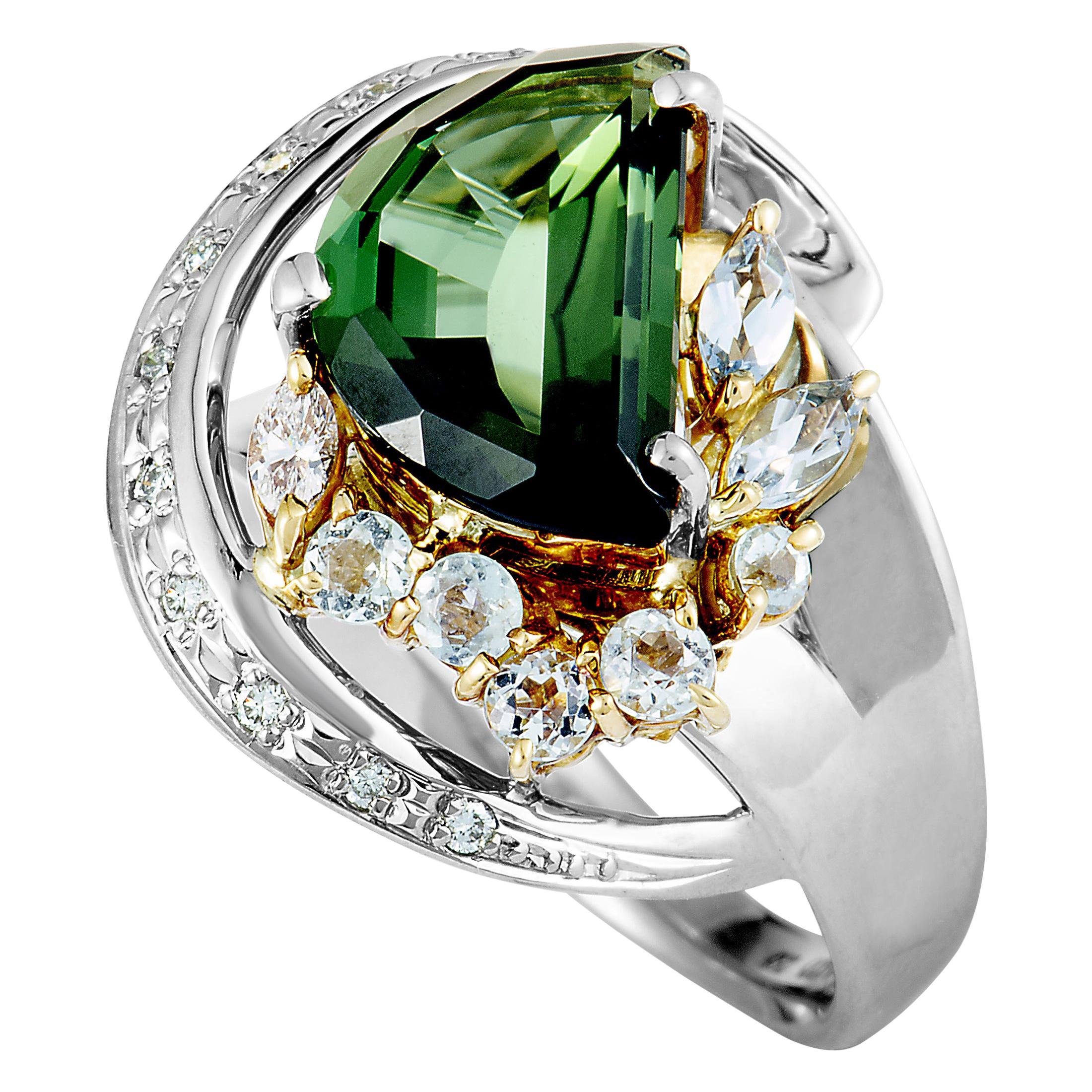 Platinum and 18 Karat Yellow Gold Diamond and Half Moon Green Tourmaline Ring
