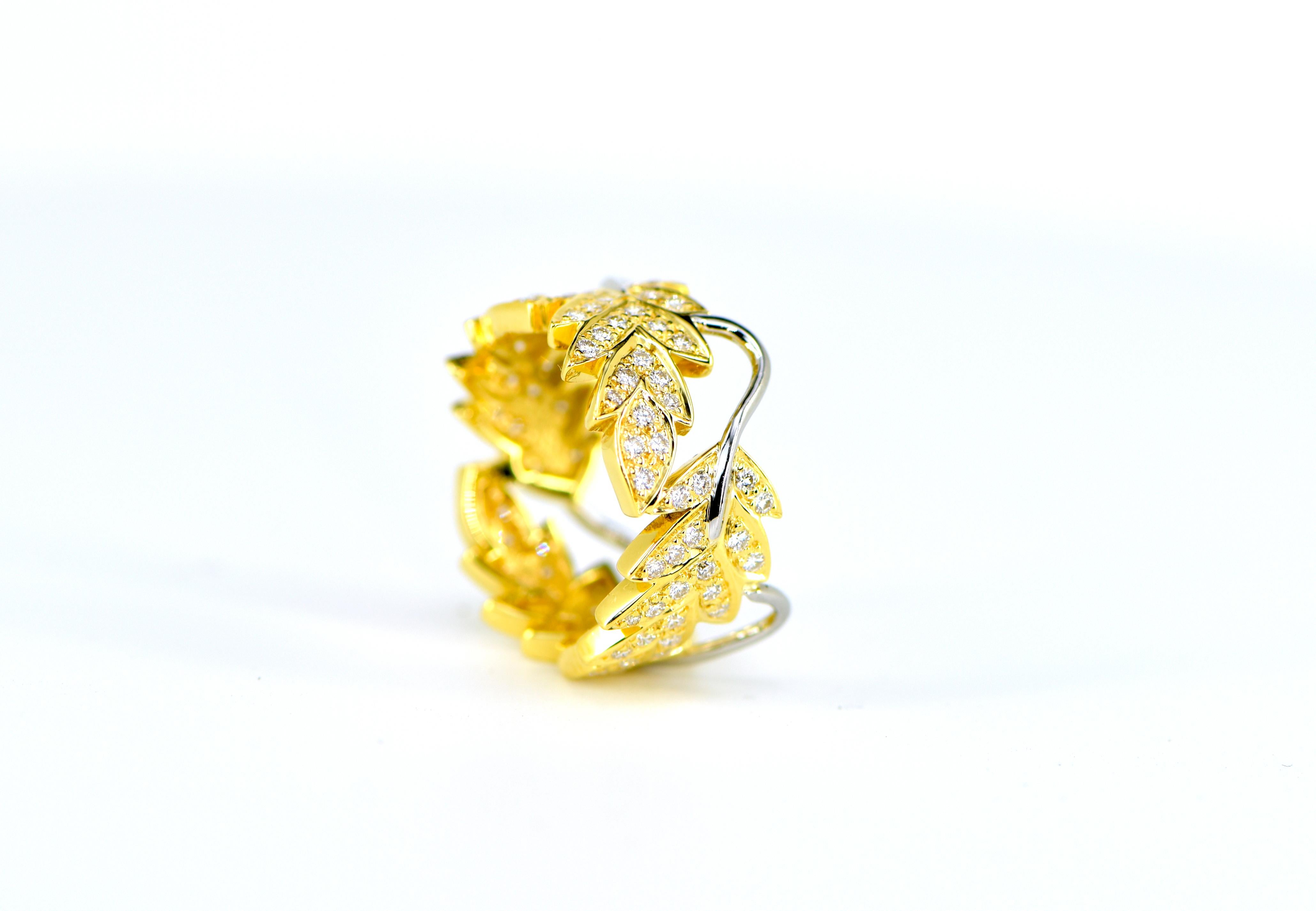 Art Deco Platinum and 18 Karat Yellow Gold Diamond Leaf Ring, .75ct For Sale