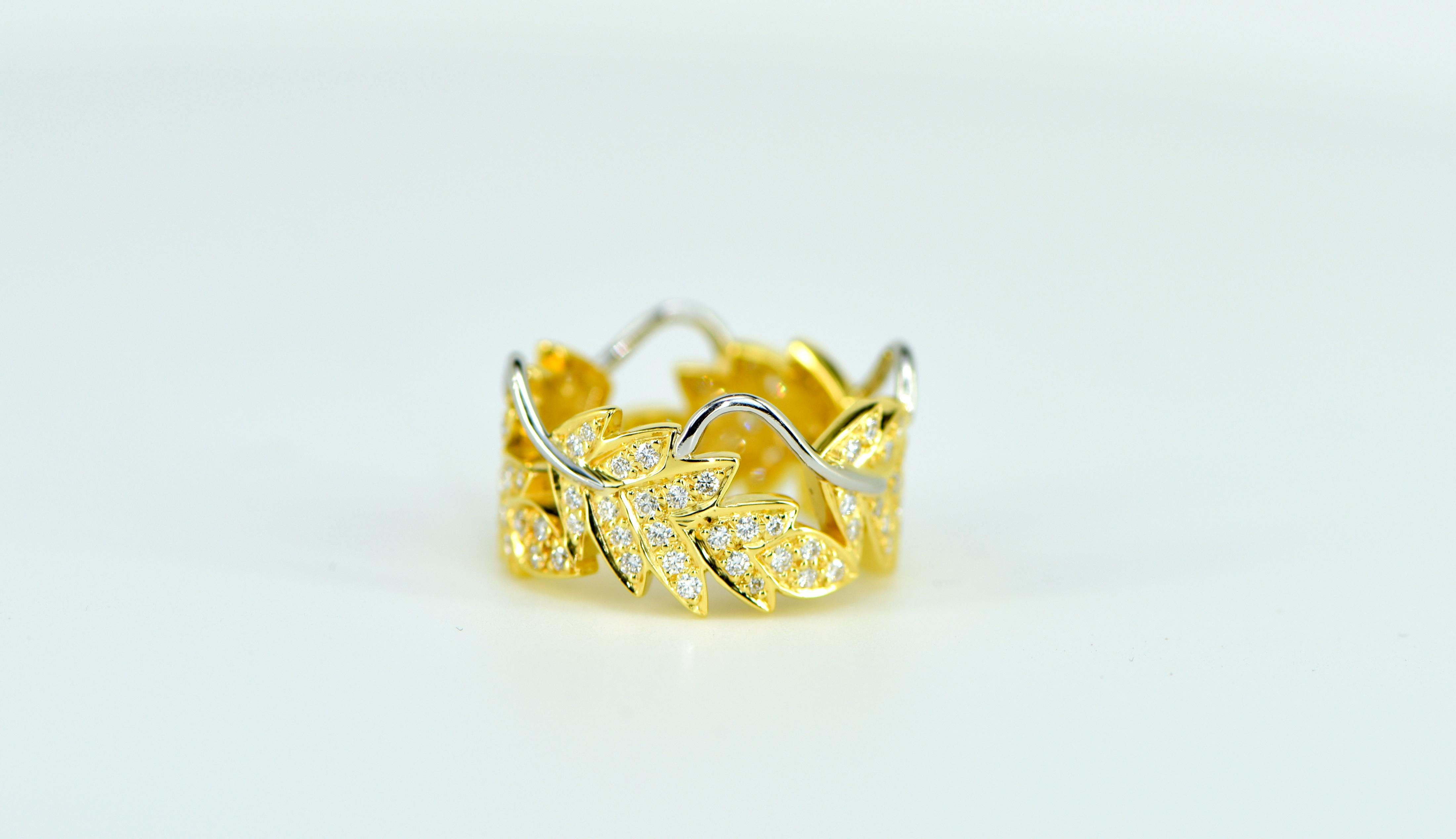 Round Cut Platinum and 18 Karat Yellow Gold Diamond Leaf Ring, .75ct For Sale