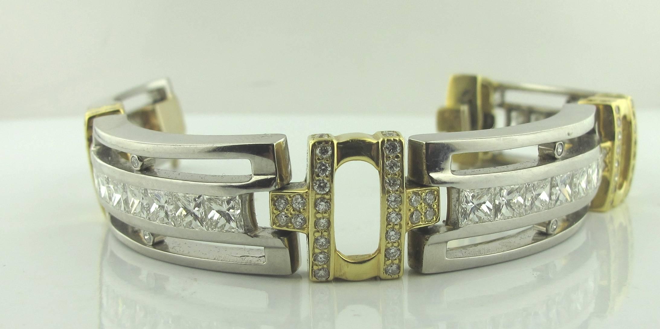 Platinum and 18 Karat Yellow Gold Diamond Princess Cut Bracelet In Excellent Condition In Palm Desert, CA