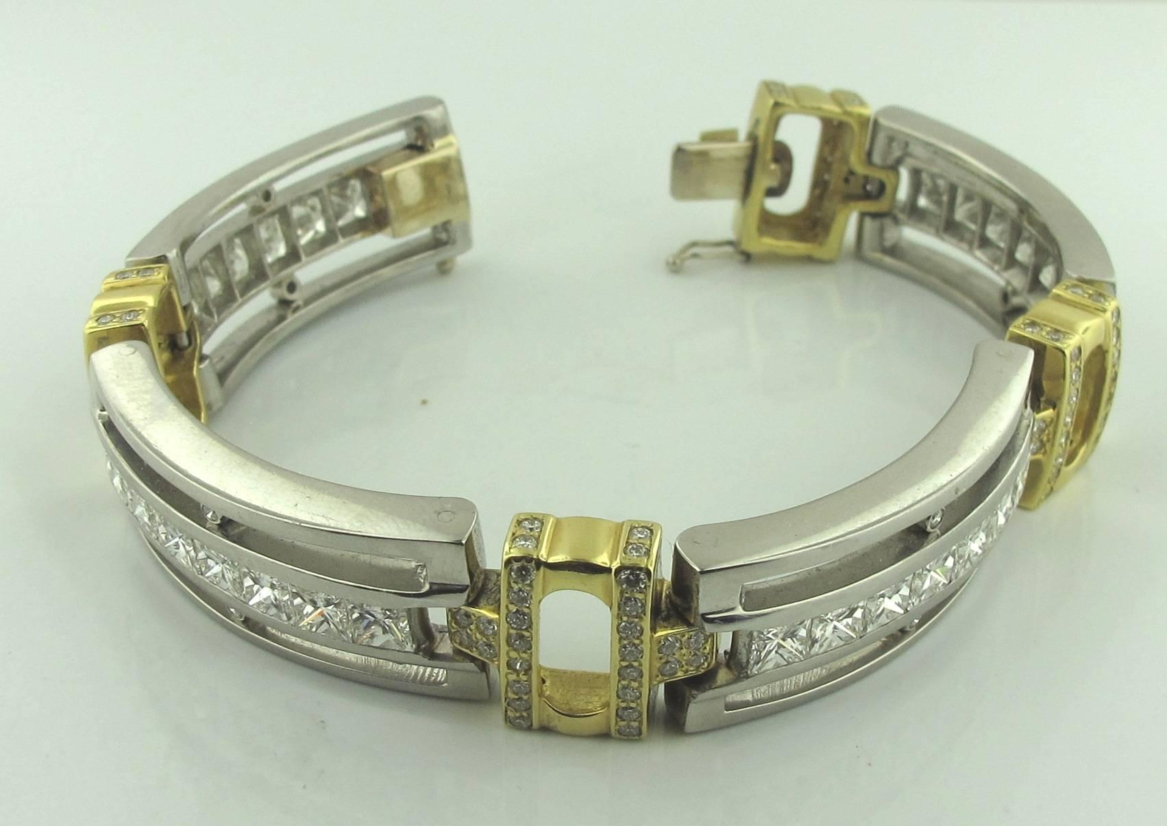 Women's or Men's Platinum and 18 Karat Yellow Gold Diamond Princess Cut Bracelet