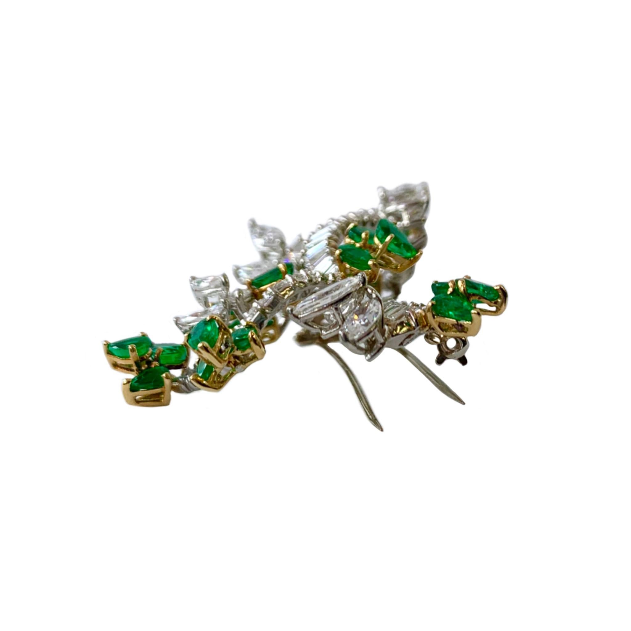 Retro Platinum and 18 Karat Yellow Gold Emerald and Diamond Brooch For Sale