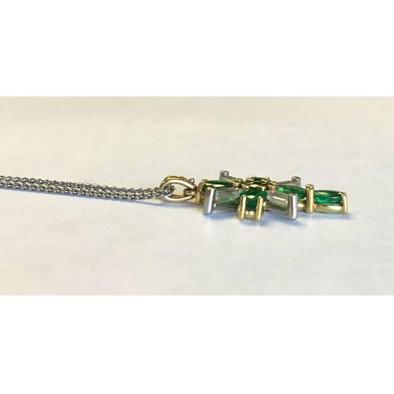 Baguette Cut Platinum and 18 Karat Yellow Gold Emerald and Diamond Cross Pendant on Chain