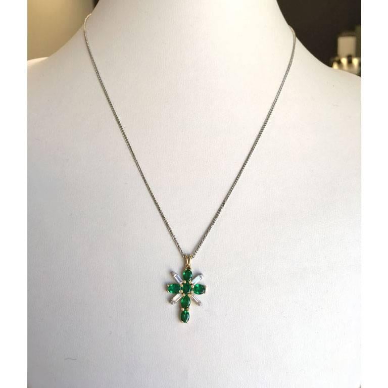 Women's Platinum and 18 Karat Yellow Gold Emerald and Diamond Cross Pendant on Chain