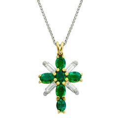 Platinum and 18 Karat Yellow Gold Emerald and Diamond Cross Pendant on Chain