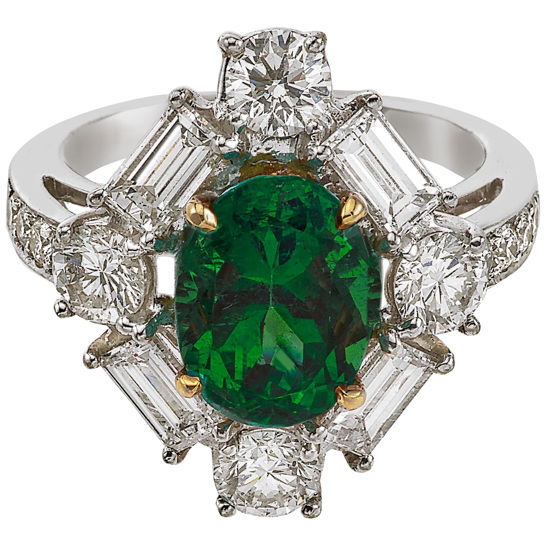 Platinum and 18 Karat Yellow Gold, 2.42 CT Emerald and Diamond Ring For Sale