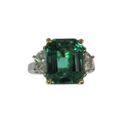 Platinum and 18 Karat Yellow Gold Emerald and Half Moon Diamond Ring